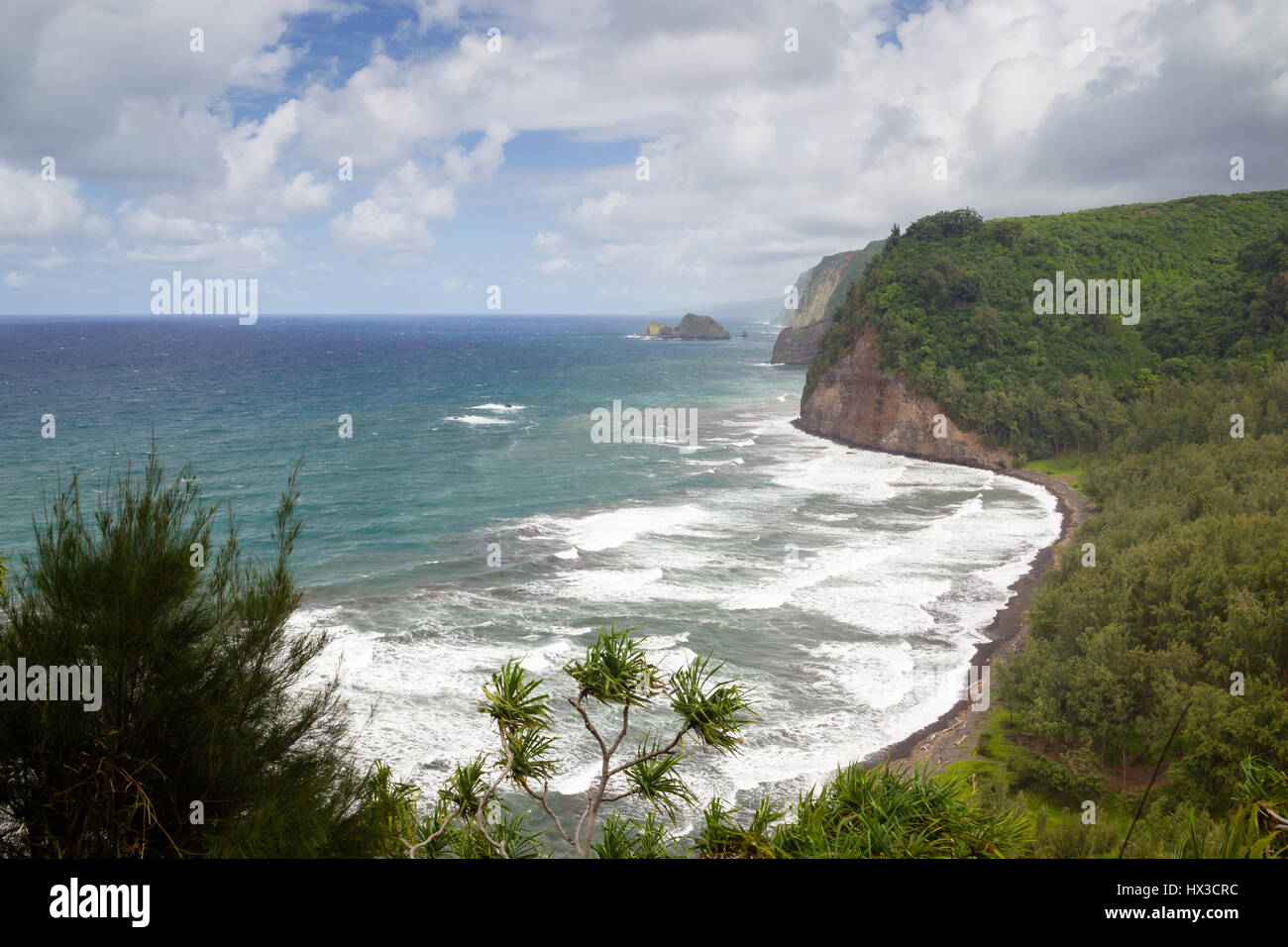 Vista sulla costa nord della Grande Isola, Hawaii, USA, al Pololu Valley. Foto Stock