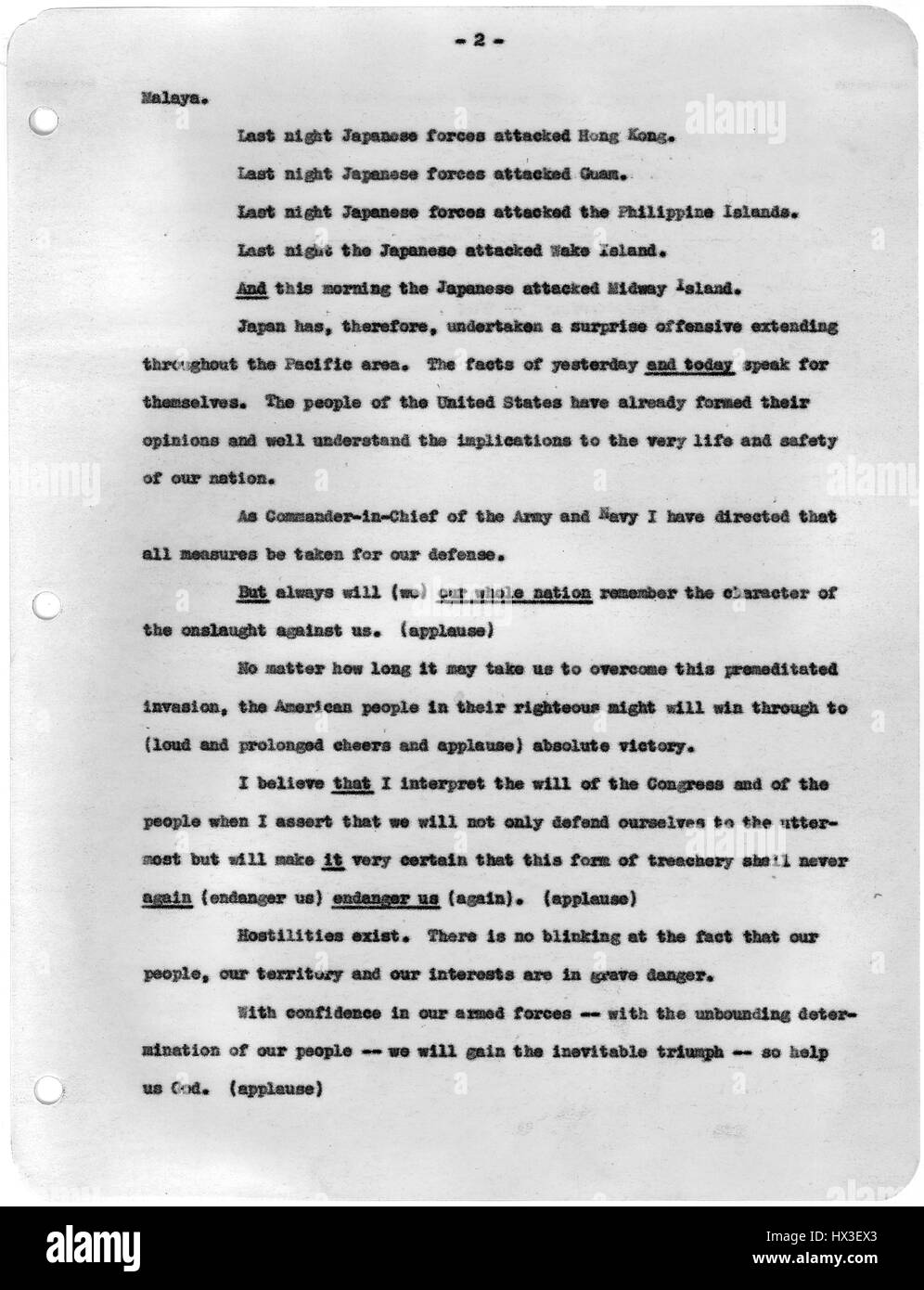 La seconda pagina della trascrizione del messaggio al Congresso dal Presidente Franklin D Roosevelt la richiesta di dichiarazione di guerra contro il Giappone, Washington, Distretto di Columbia, 8 dicembre 1941. Immagine cortesia archivi nazionali. Foto Stock