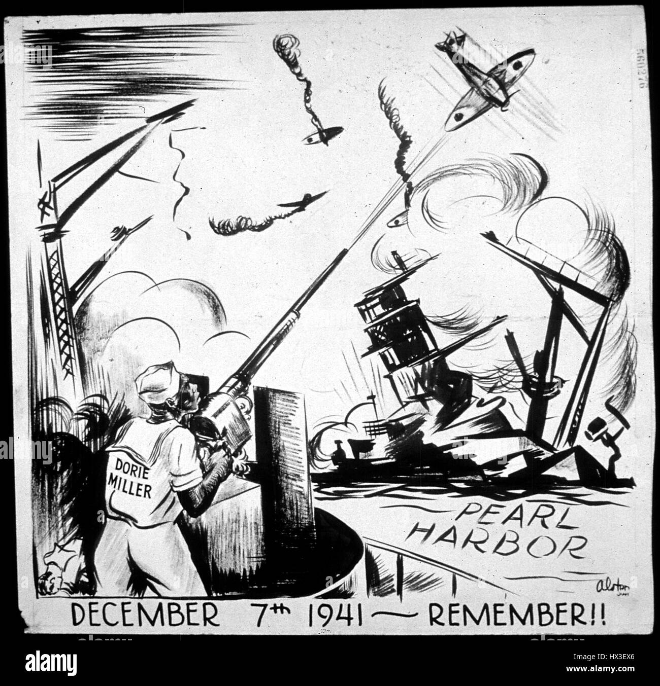 Un cartoon politico del bombardamento di Pearl Harbour come Marina Americana soldati sono riprese a forze contrapposte, 7 dicembre 1941. Immagine cortesia archivi nazionali. Foto Stock
