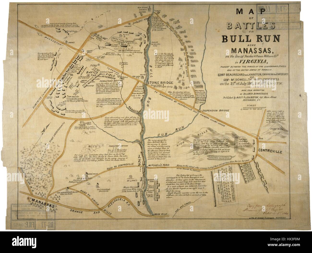 Mappa delle battaglie di Bull Run vicino a Manassas, Virginia, 1861. Immagine cortesia archivi nazionali. Foto Stock