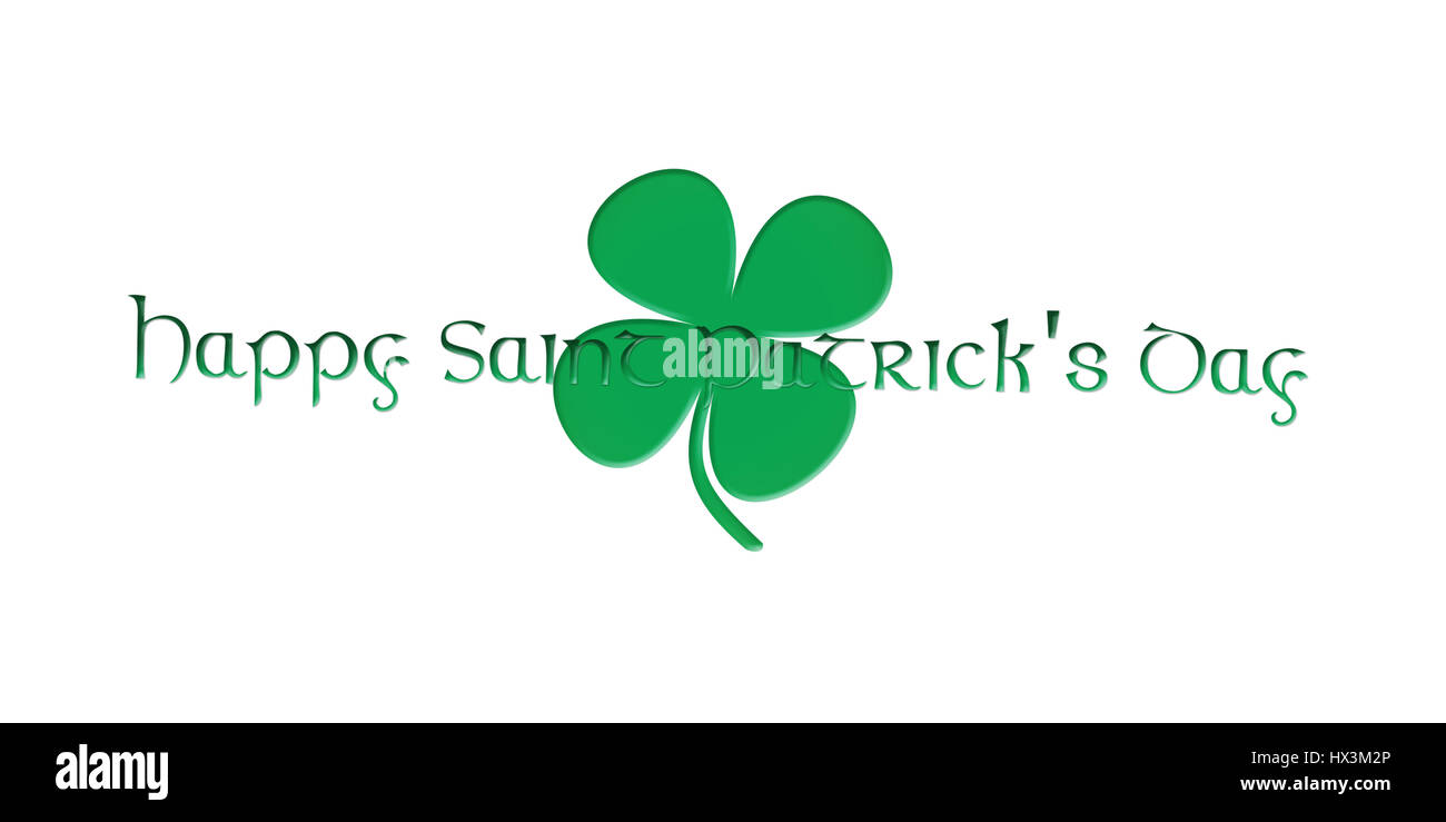 Felice San Patrizio. Testo con foglie di trifoglio isolati su sfondo bianco 3D illustrazione Foto Stock