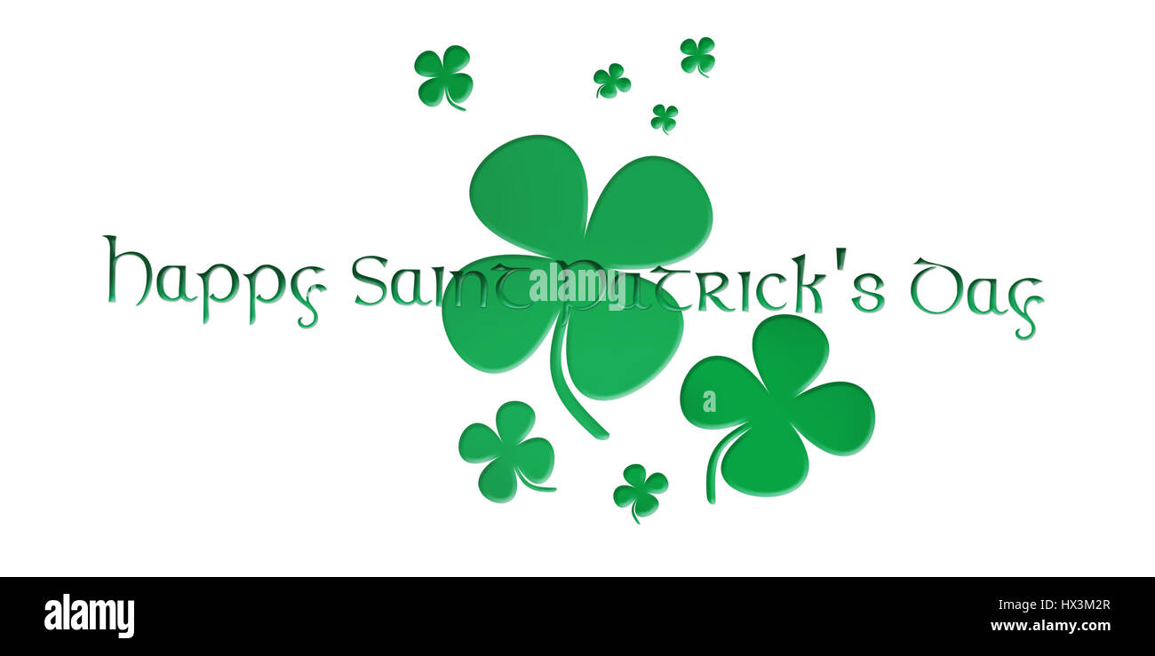 Felice San Patrizio. Testo con foglie di trifoglio isolati su sfondo bianco 3D illustrazione Foto Stock