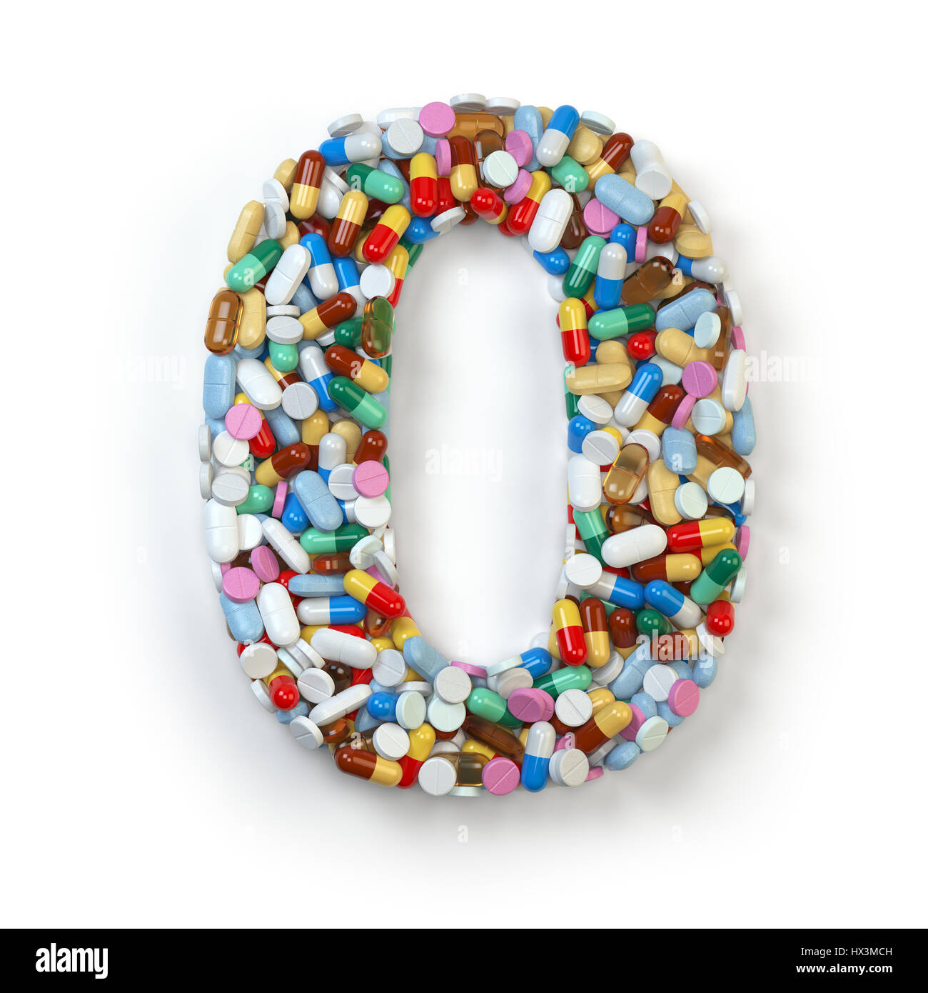 Numero 0 zero. Set di alfabeto di medicina pillole, capsule, compresse e blister isolato su bianco. 3d illustrazione Foto Stock