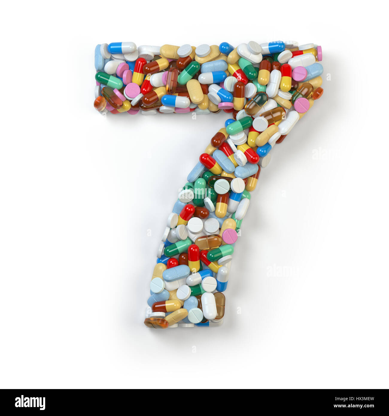 Numero 7 sette. Set di alfabeto di medicina pillole, capsule, compresse e blister isolato su bianco. 3d illustrazione Foto Stock