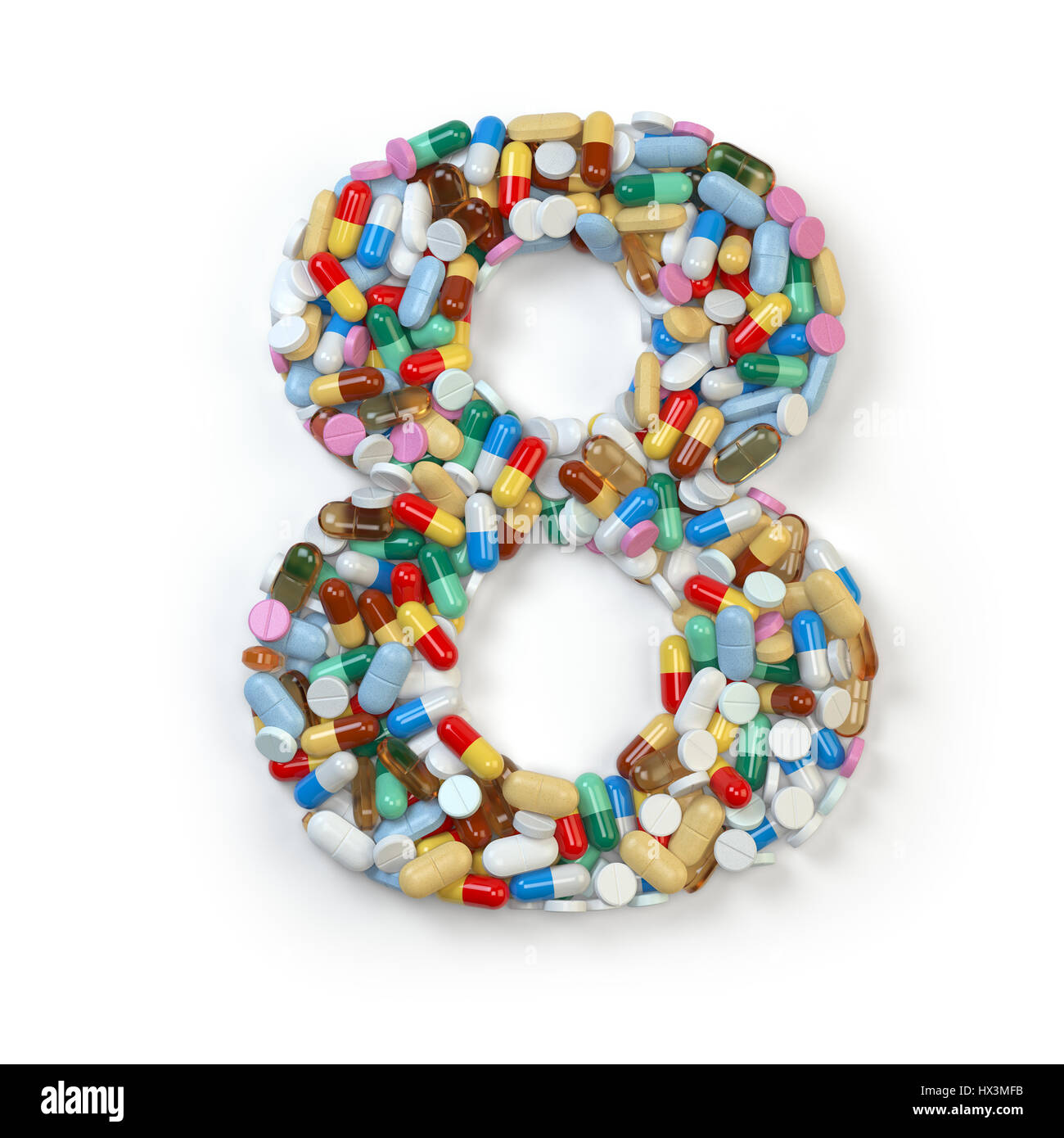 Numero 8 otto. Set di alfabeto di medicina pillole, capsule, compresse e blister isolato su bianco. 3d illustrazione Foto Stock