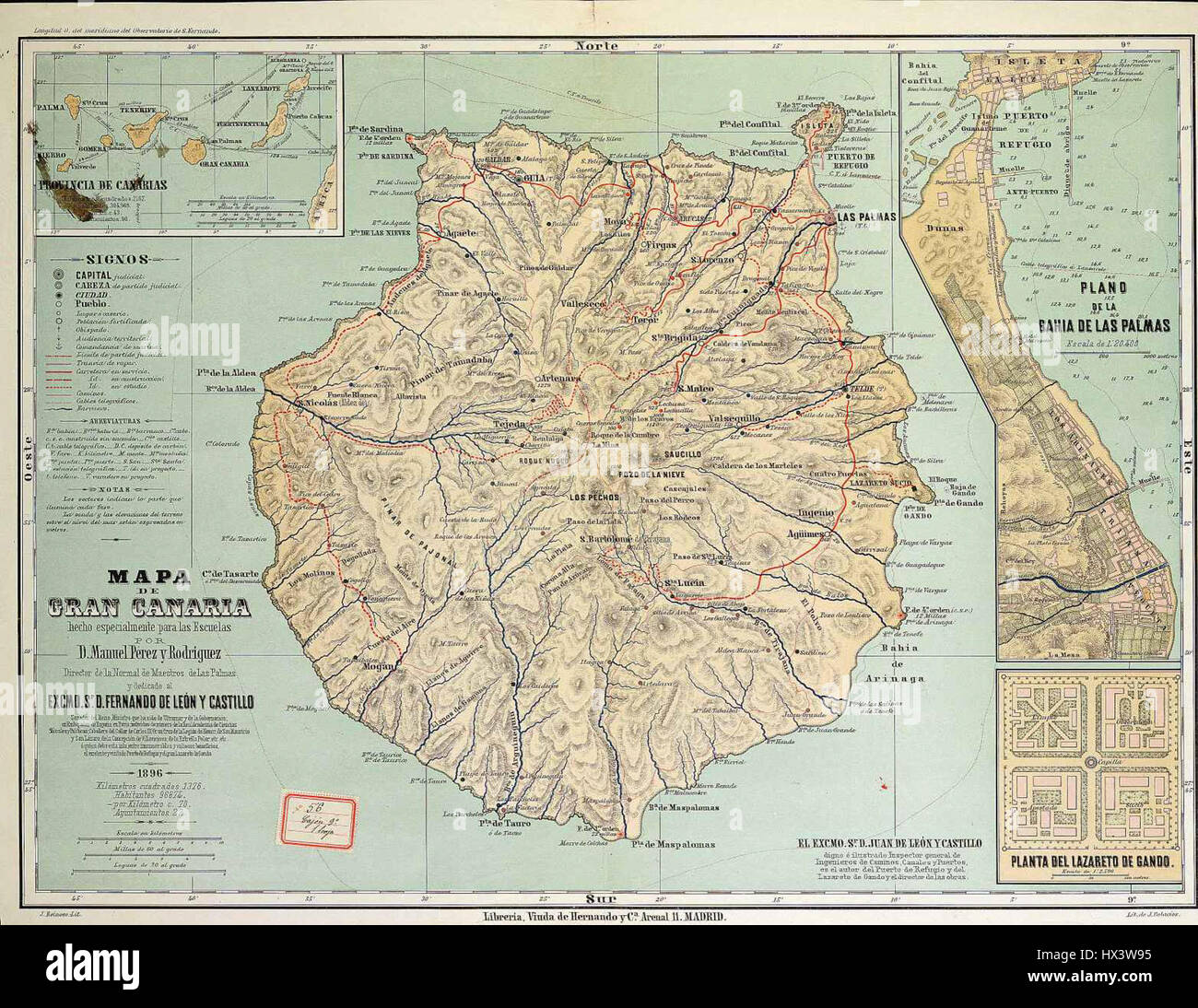 Gran Canaria & Las Palmas City & Las Palmas Provincia mappa vecchia 1896 Foto Stock