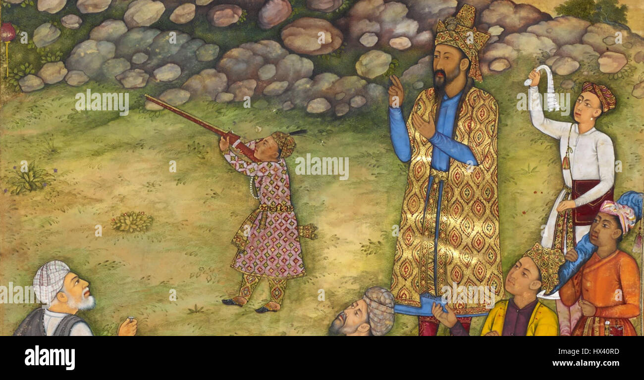 Humayun insegna ai giovani Akbar a sparare, dettaglio Akbarnama, 1602 4, British Library Foto Stock