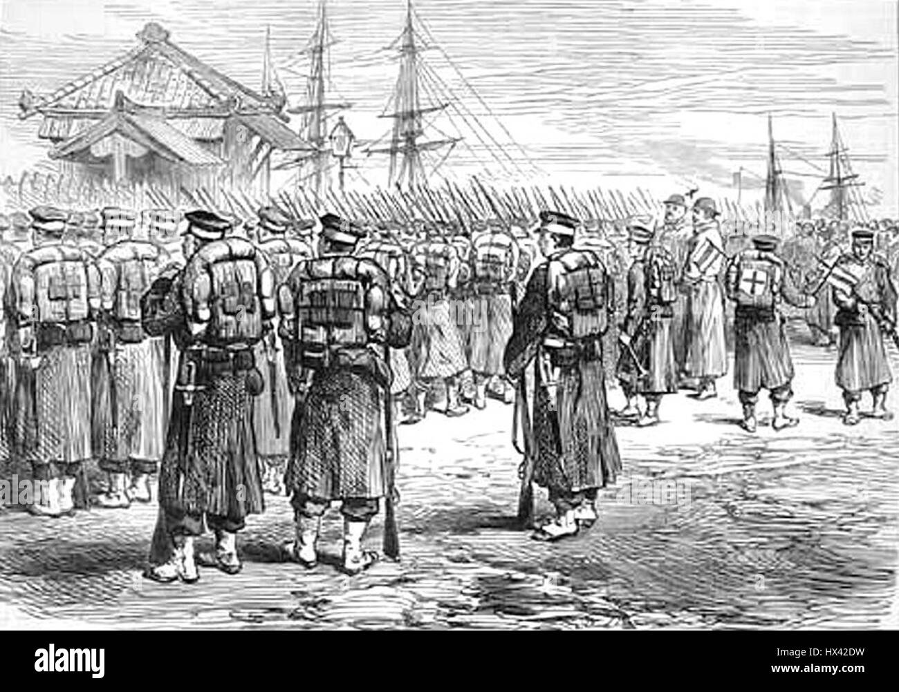 Le truppe imperiali di imbarcarsi a Yokohama per la lotta contro la ribellione di satsuma nel 1877 Foto Stock