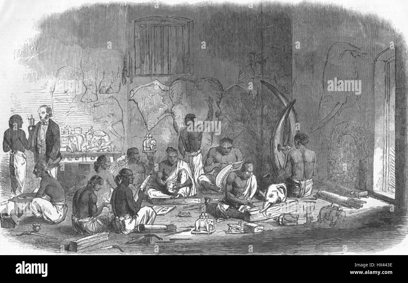 Questa opera d'arte cattura le abili frese d'avorio di Berhampoor nel Bengala, India, preparando opere complesse da esporre alla grande esposizione del 1851 a Londra. L'artigianato mette in risalto le ricche tradizioni culturali e artistiche dell'India durante l'era coloniale. Foto Stock