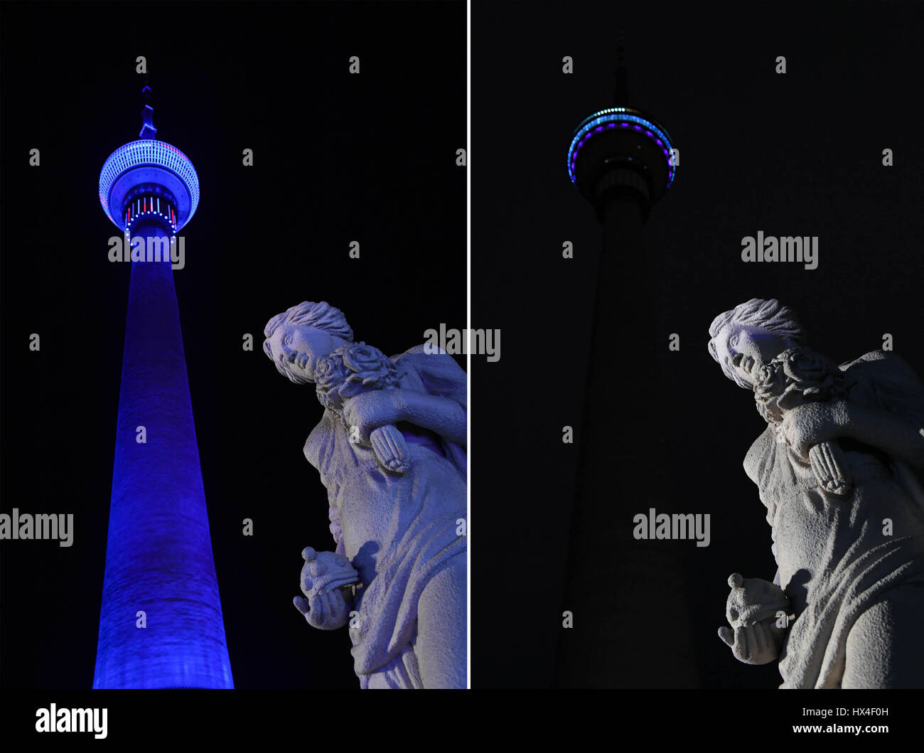 Pechino, Cina. 25 Mar, 2017. La combinazione di foto mostra la Televisione della Cina Centrale Torre prima (L) e dopo la sintonizzazione spento le luci durante la Earth Hour campagna a Pechino, capitale della Cina, 25 marzo 2017. Credito: Tao Xiyi/Xinhua/Alamy Live News Foto Stock