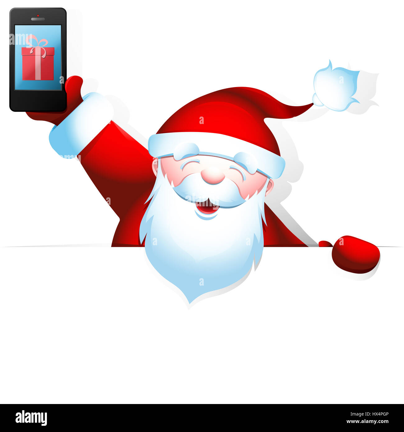 Allegro Santa Claus in possesso di un telefono cellulare in una mano e un'intestazione vuota con lo spazio per il testo in un'altra. Foto Stock