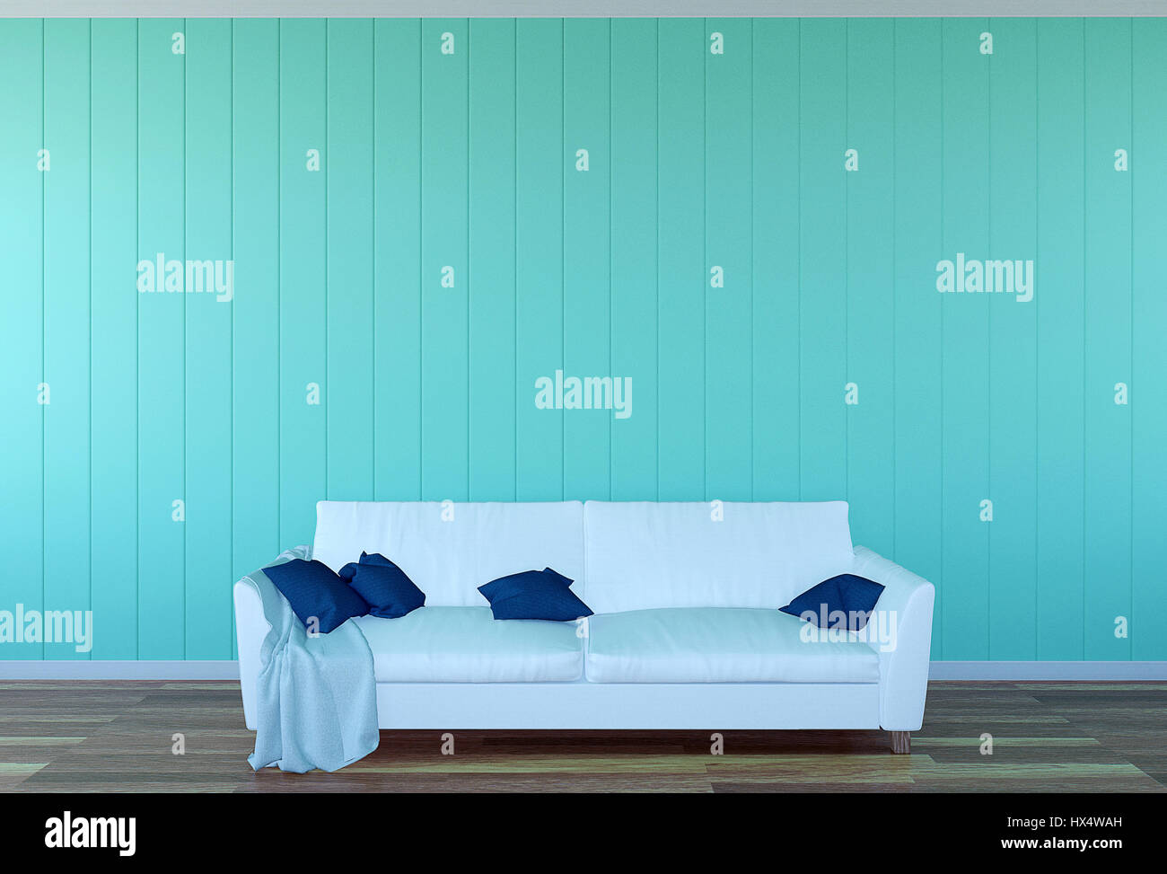 Living room interior - con un divano in pelle bianca e verde del pannello a parete con spazio, rendering 3D Foto Stock