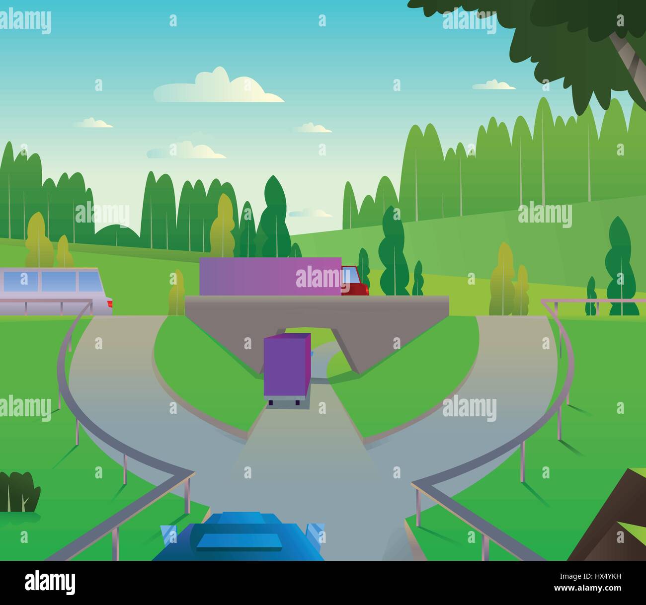 Vettore digitale sfondo astratto con un auto strada alla città con un ponte e rotonda, verdi colline, grande albero, cielo blu e nuvole, autocarri e autobus, f Illustrazione Vettoriale