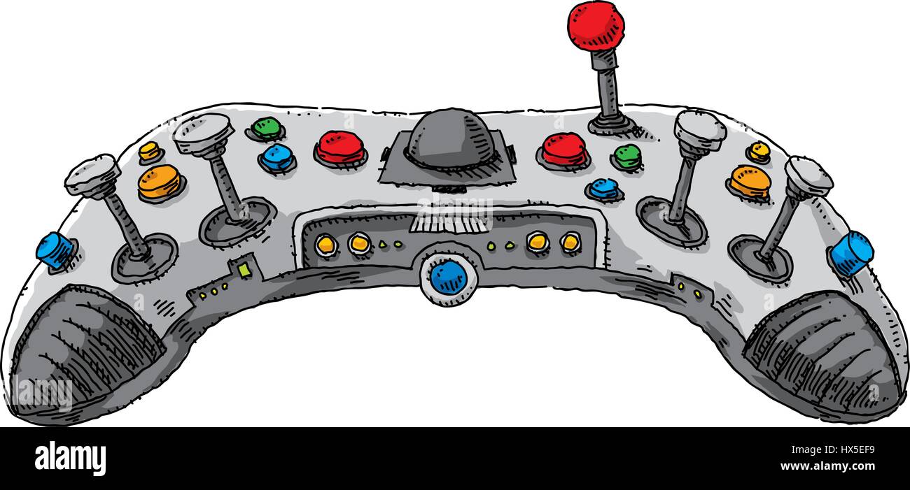 Un divertente, cartoon gioco per console controller con un sacco di pulsanti e joystick e luci. Illustrazione Vettoriale