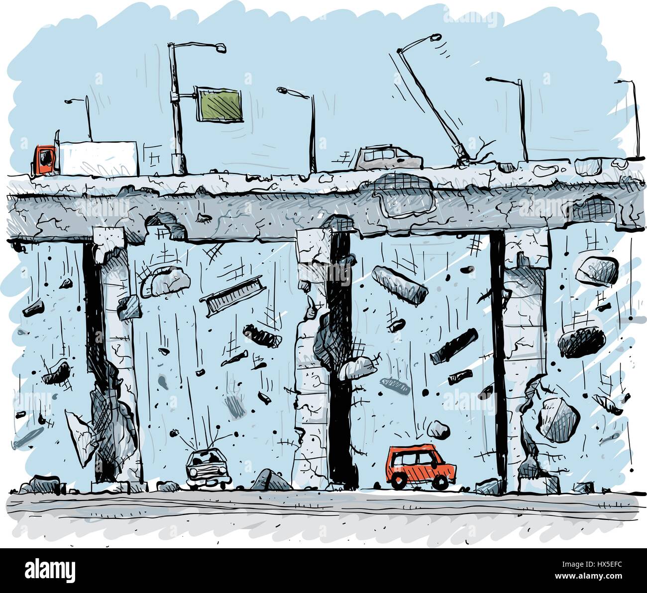 Calcestruzzo e acciaio cadere da un invecchiamento autostrada sopraelevata come decade e collassa. Illustrazione Vettoriale