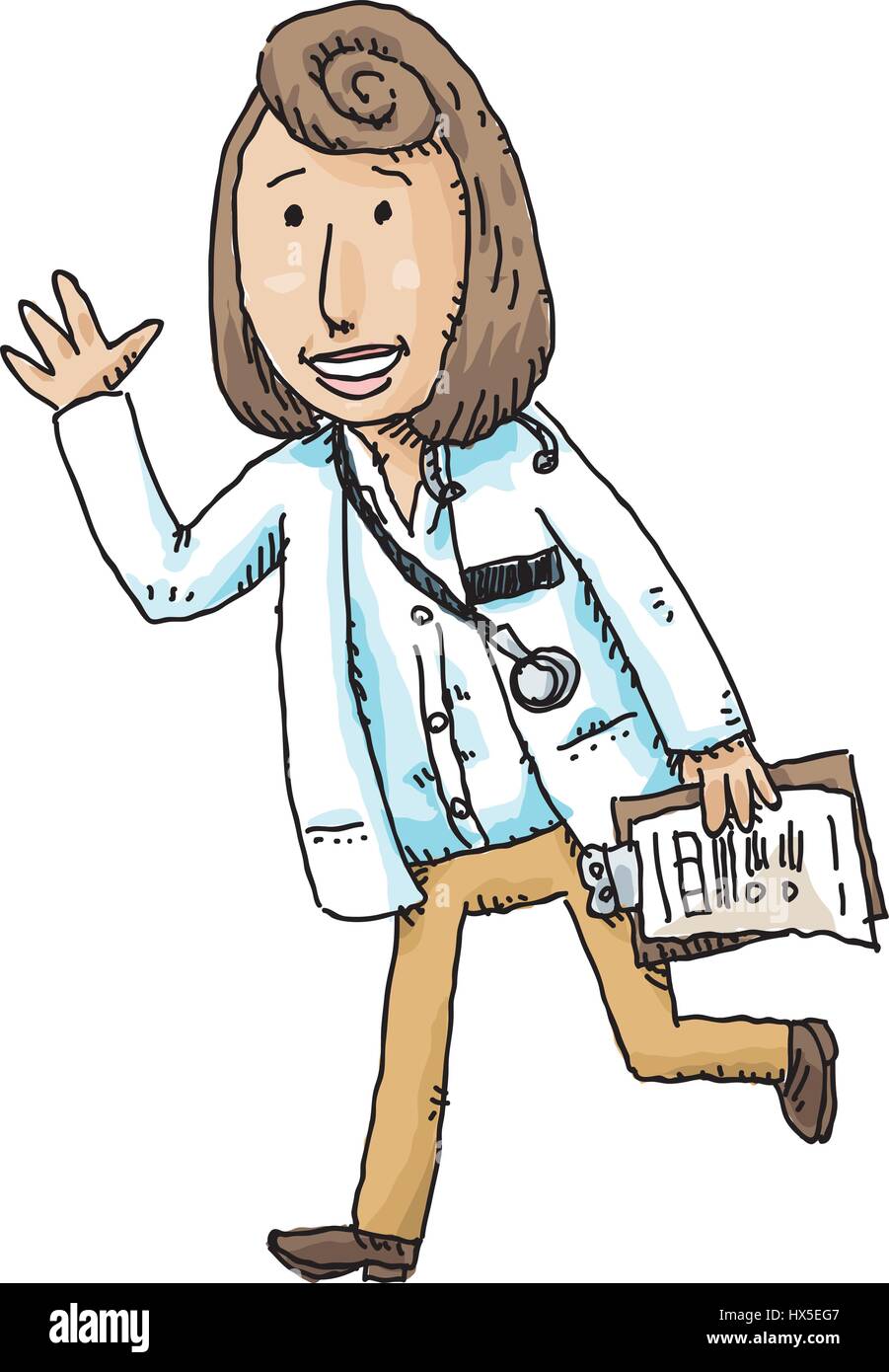 Una donna medico sorrisi e le onde elettromagnetiche e lei cammina in modo rapido mantenendo una clipboard. Illustrazione Vettoriale