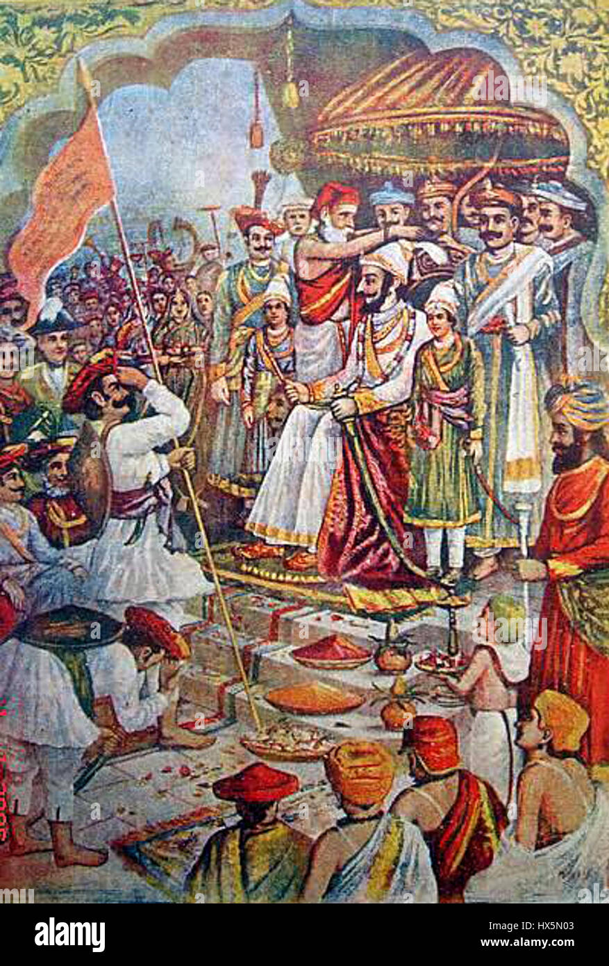 L'incoronazione di Shri Shivaji si riferisce all'evento importante nella storia dell'India, quando Shivaji Maharaj fu incoronato Chhatrapati, il sovrano dell'Impero Maratha. L'evento simboleggia l'ascesa del potere maratha nel XVII secolo. Foto Stock L'incoronazione di Shri Shivaji si riferisce all'evento importante nella storia dell'India, quando Shivaji Maharaj fu incoronato Chhatrapati, il sovrano dell'Impero Maratha. L'evento simboleggia l'ascesa del potere maratha nel XVII secolo. Foto Stock