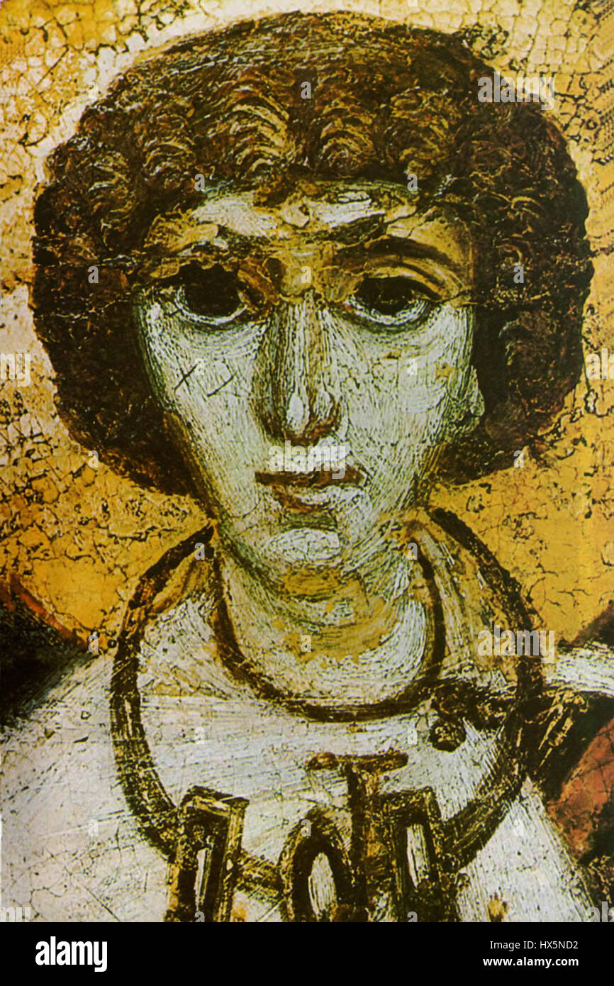 San Bacco è un martire cristiano e santo, spesso raffigurato nell'arte religiosa come simbolo di fede e sacrificio. La sua iconografia include spesso simboli della chiesa paleocristiana e del martirio. Foto Stock