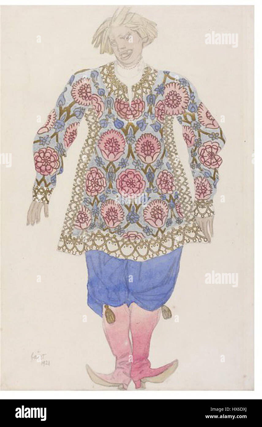 La "bella addormentata" di Leon Bakst, creata nel 1941, è un celebre costume design per il balletto, che mostra il suo stile distintivo di colori vivaci, fantasie intricate e stile teatrale che ha trasformato il design del balletto all'inizio del XX secolo. Foto Stock