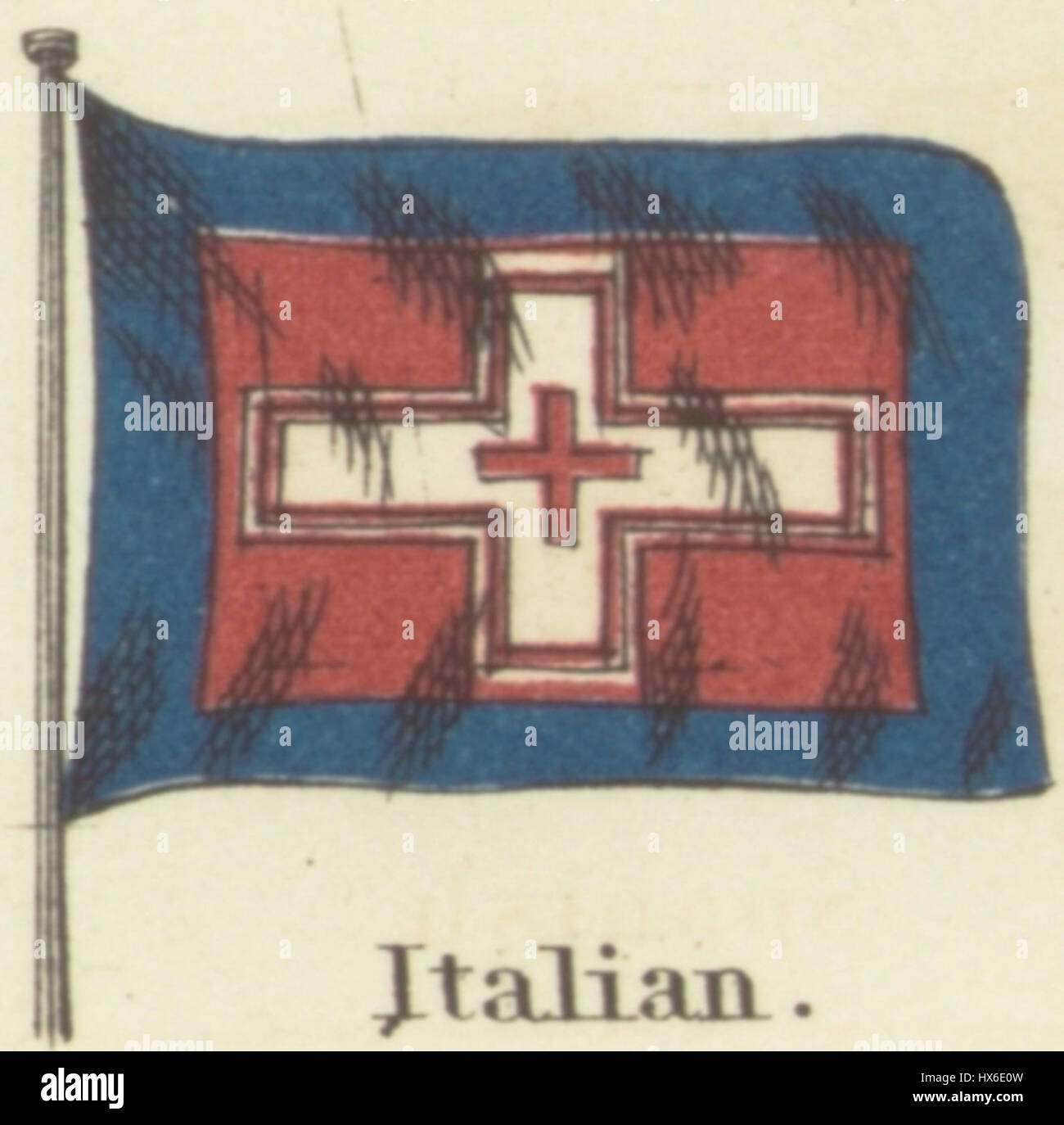 Questa tabella del 1868, intitolata "Signals for Pilots", fornisce rappresentazioni visive di emblemi e bandiere nazionali. È stato progettato per guidare piloti marittimi e riconoscere le navi nazionali nelle acque italiane. Foto Stock