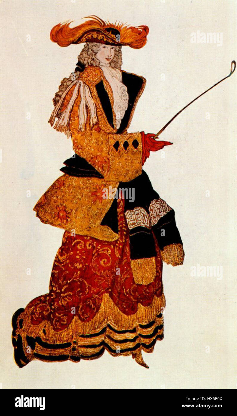 Il design di Lovis Bakst per "la bella addormentata" è un'interpretazione colorata e drammatica del balletto classico. Il suo uso di motivi vivaci e intricati costumi ha catturato l'opulenza e la natura onirica della fiaba, mettendo in evidenza la sua esperienza nel design teatrale. Foto Stock