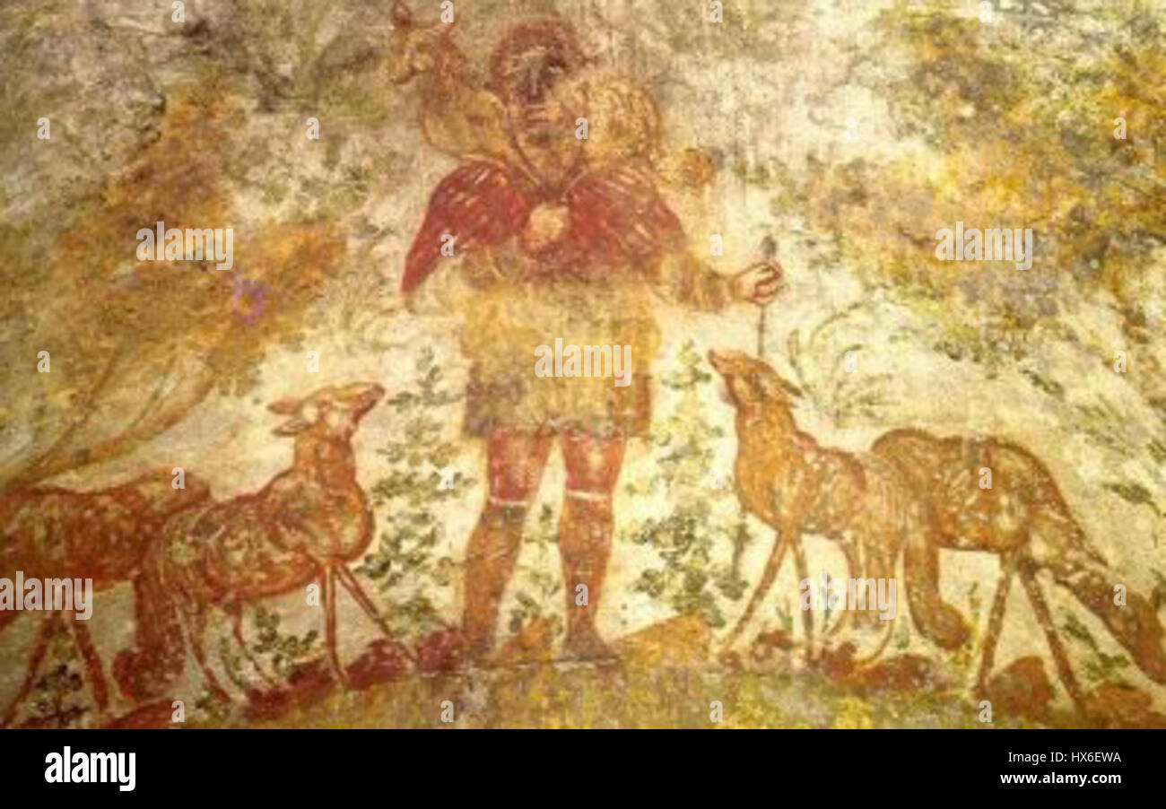 L'affresco "il buon Pastore" della catacomba di Domitilla, risalente al 200 d.C. circa, è un'opera paleocristiana che raffigura Gesù Cristo come pastore, un comune simbolo cristiano di guida e protezione. Foto Stock
