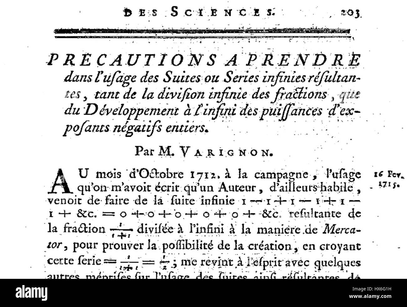 Il lavoro "Précautions" di Varignon sottolinea un approccio scientifico alle misure di sicurezza e una preparazione ponderata. Il testo parla dell'importanza delle azioni precauzionali in vari campi, come l'ingegneria, la medicina e la pubblica sicurezza, sottolineando il valore della lungimiranza e della consapevolezza nella prevenzione di rischi e pericoli potenziali. Foto Stock