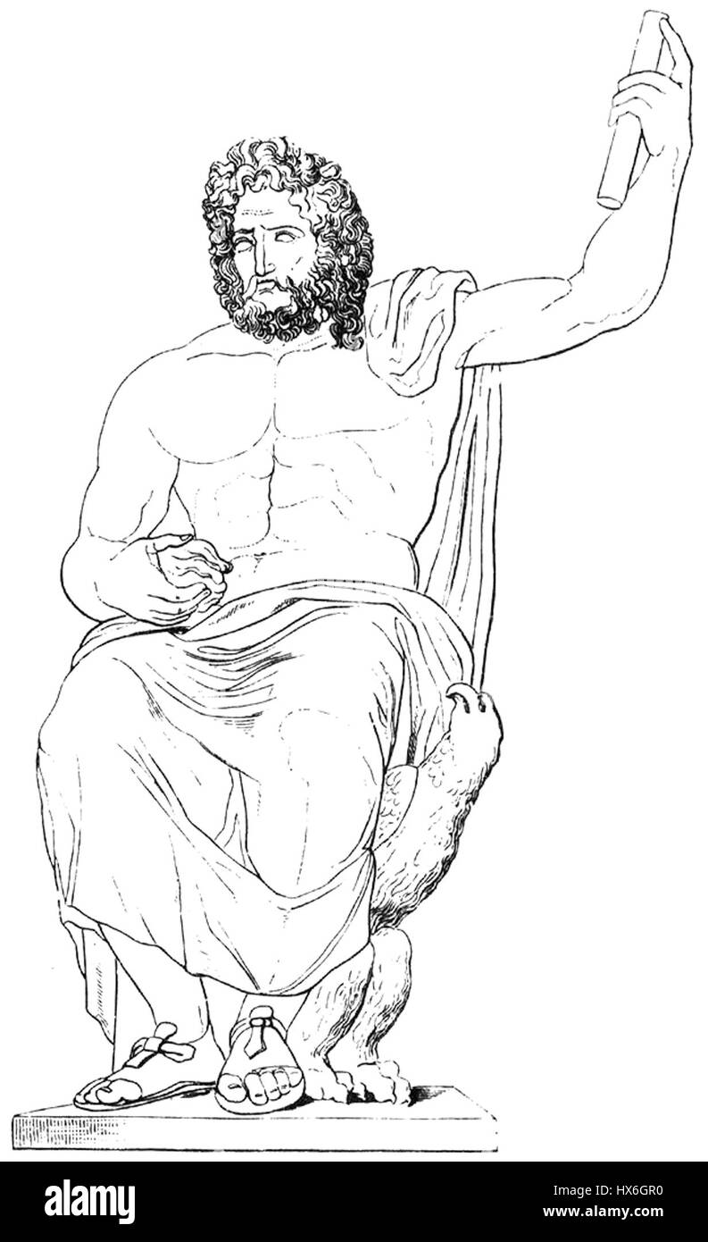 Zeus, nella mitologia greca antica, è il re degli dei, sovrano del Monte Olimpo e dio del cielo, tuoni e giustizia. Spesso raffigurato con un fulmine, Zeus gioca un ruolo centrale in molti miti greci ed è un simbolo di potere e autorità. Foto Stock