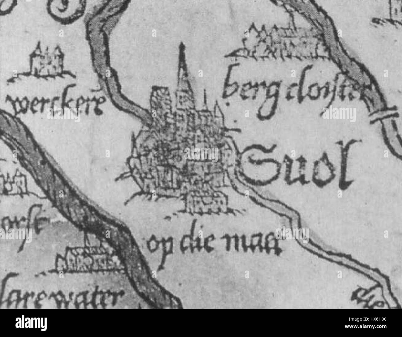 Questa è una vecchia mappa dell'area intorno a Zwolle, che mostra in particolare Werkeren, Bergklooster e Marslanden. Si tratta di un documento storico che descrive dettagliatamente la struttura geografica e l'uso del territorio nella regione durante il periodo medievale. Foto Stock