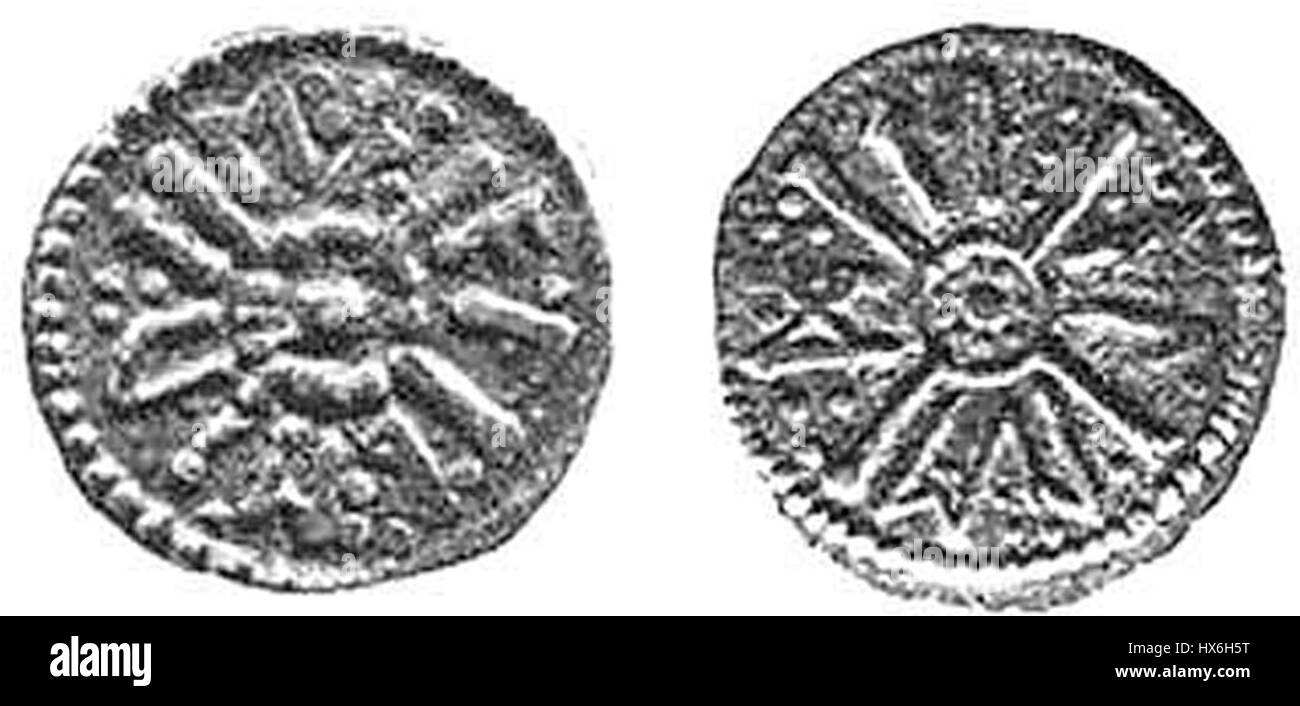 Una moneta del regno di re Æthelberht i dell'Anglia orientale, risalente al primo periodo medievale, che offre prove numismatiche della moneta anglosassone. Foto Stock
