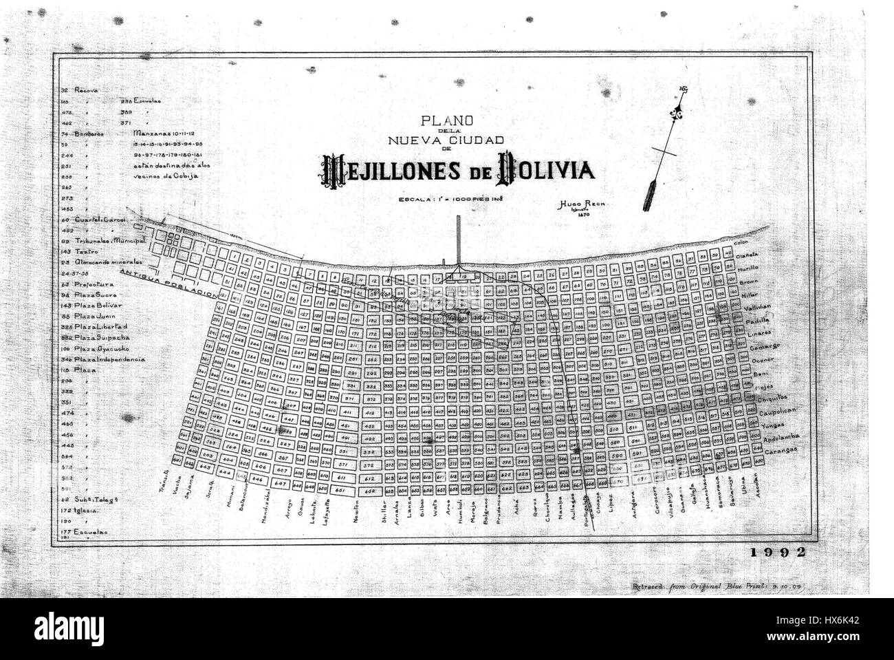 Questa mappa, intitolata *Mejillones 1870*, illustra la città portuale di Mejillones, in Cile, com'era nel XIX secolo. Mostra i principali monumenti storici, le strade e la geografia costiera dell'area durante quel periodo di tempo. Foto Stock