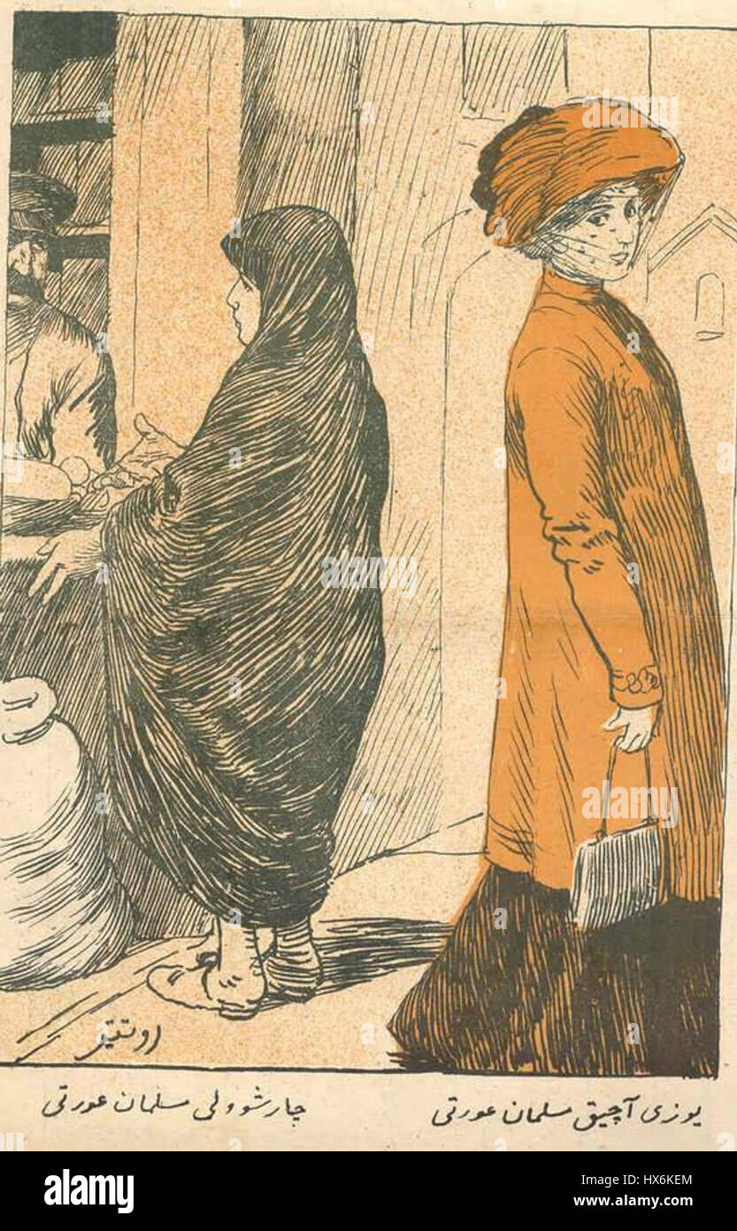Molla Nasreddin, una rivista satirica, presentava opere che affrontavano questioni sociali, tra cui opinioni sulle donne azere. Divenne un'importante piattaforma per discutere di questioni culturali e sociali in Azerbaigian all'inizio del XX secolo. Foto Stock