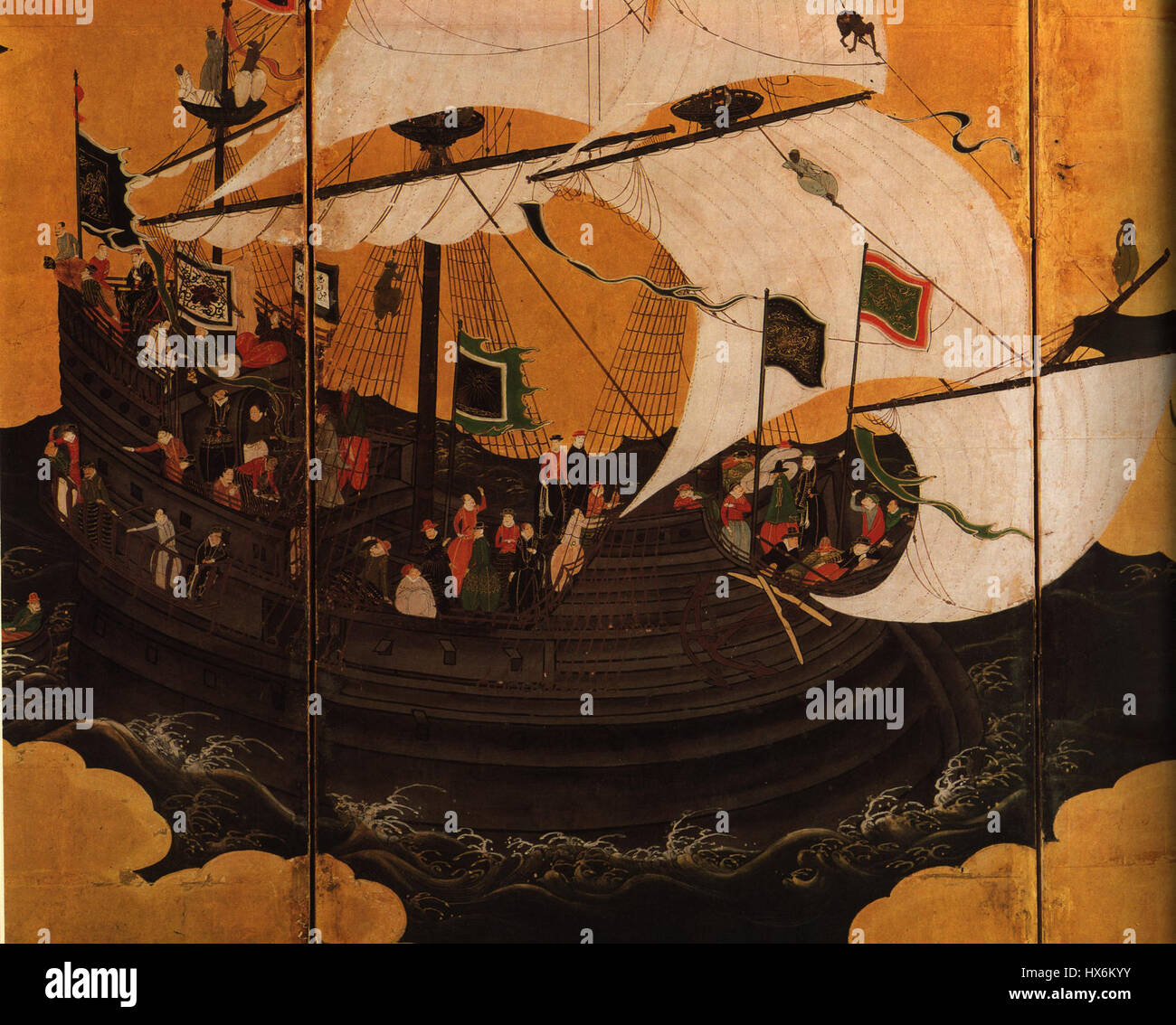 'Namban' si riferisce ad uno stile artistico giapponese che si sviluppò durante il XVI e XVII secolo, spesso raffigurante gli incontri tra commercianti giapponesi e portoghesi. Lo stile è noto per la sua vivida rappresentazione delle influenze straniere sull'arte giapponese. Foto Stock