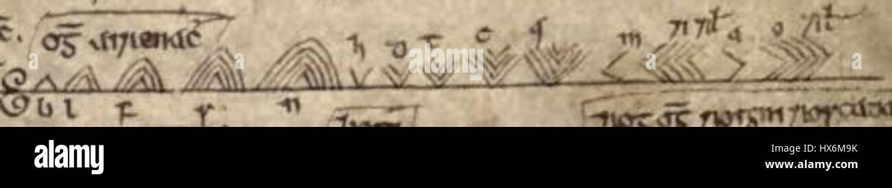 Una sezione di una pagina stampata con elementi decorativi e testo parzialmente oscurato, con lettere che includono caratteri greci. Foto Stock