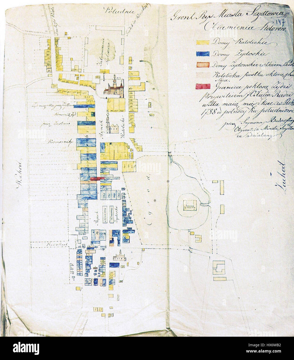 La "Old CityMap SzydC582owiec" si riferisce a una mappa storica di Szydłowiec, Polonia. La mappa fornisce dettagli sulla struttura, le infrastrutture e lo sviluppo della città durante un periodo specifico, offrendo informazioni sulla pianificazione urbana storica in Polonia. Foto Stock