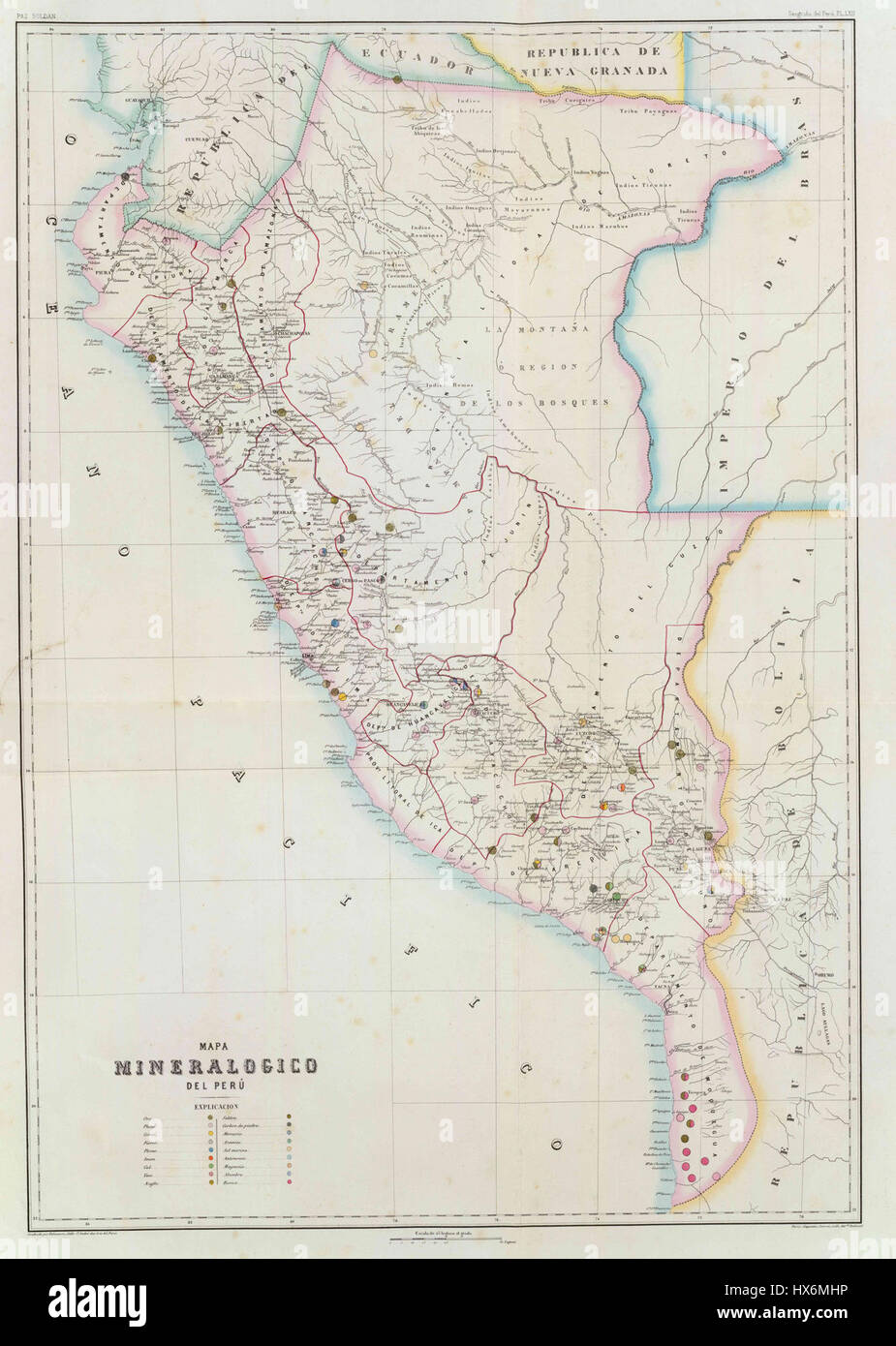 Questa mappa del 1865 mostra le caratteristiche geografiche e i confini politici del paese durante il XIX secolo. Fornisce una visione storica della struttura territoriale e delle infrastrutture del Perù di quell'epoca. Foto Stock