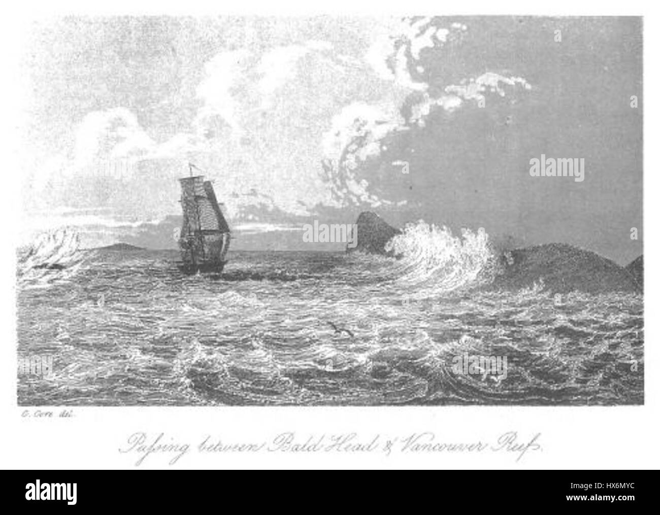 Il "passaggio tra Bald Head e Vancouver Reef" si riferisce a un percorso di navigazione scoperto durante l'esplorazione australiana. È un importante punto di riferimento nella storia dell'esplorazione marittima della costa australiana. Foto Stock