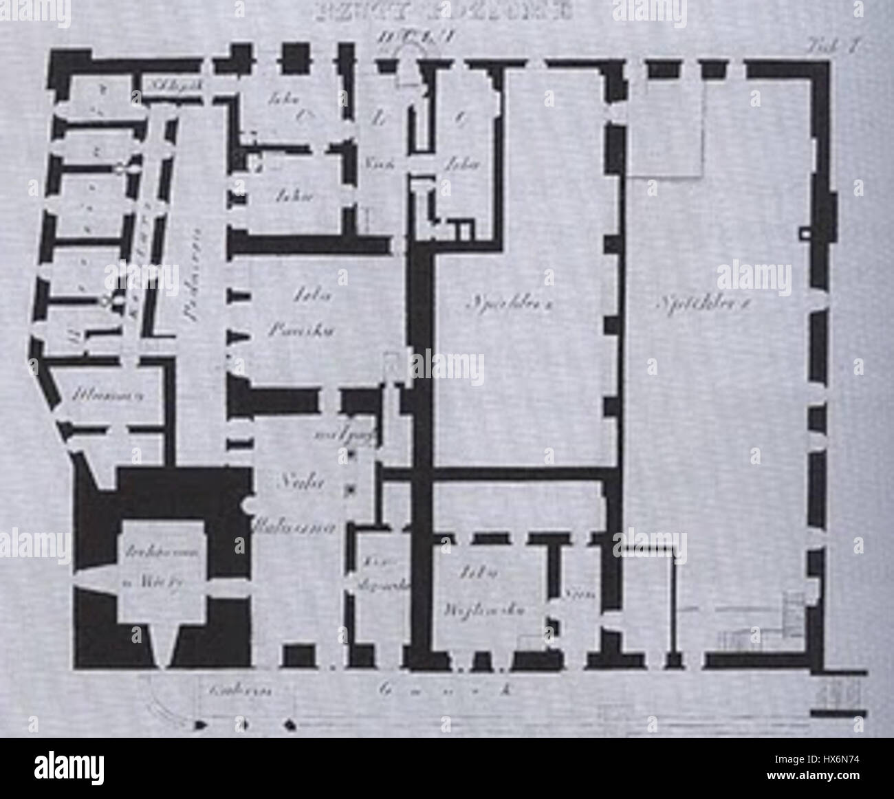 La pianta del 1802 della piazza principale di Cracovia (Rynek Główny) mostra la disposizione della città, con i dettagli di strade, edifici ed elementi architettonici. La mappa è un importante documento storico che illustra la pianificazione urbana all'inizio del XIX secolo. Foto Stock
