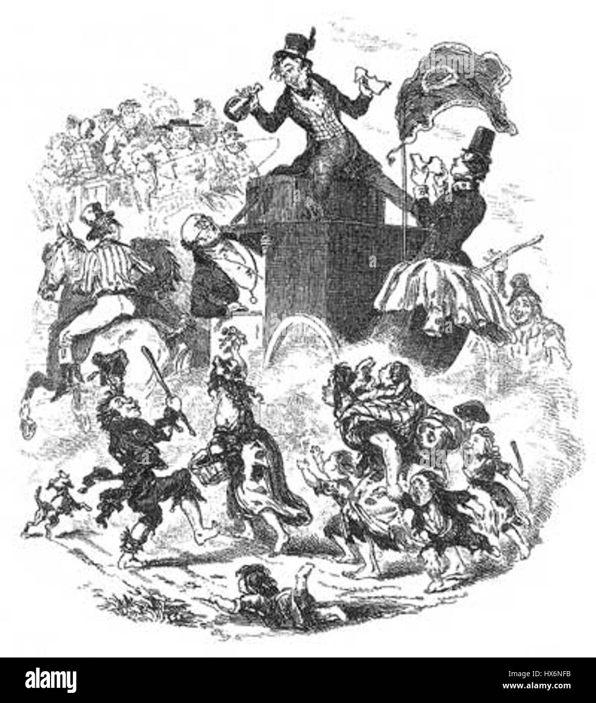 Questa illustrazione tratta da "The Pickwick Papers" raffigura Bob Sawyer nei suoi viaggi, parte della narrazione satirica di Charles Dickens. L'opera cattura le avventure umoristiche e spesso assurde dei personaggi, mettendo in evidenza la satira sociale dell'Inghilterra del XIX secolo. Foto Stock