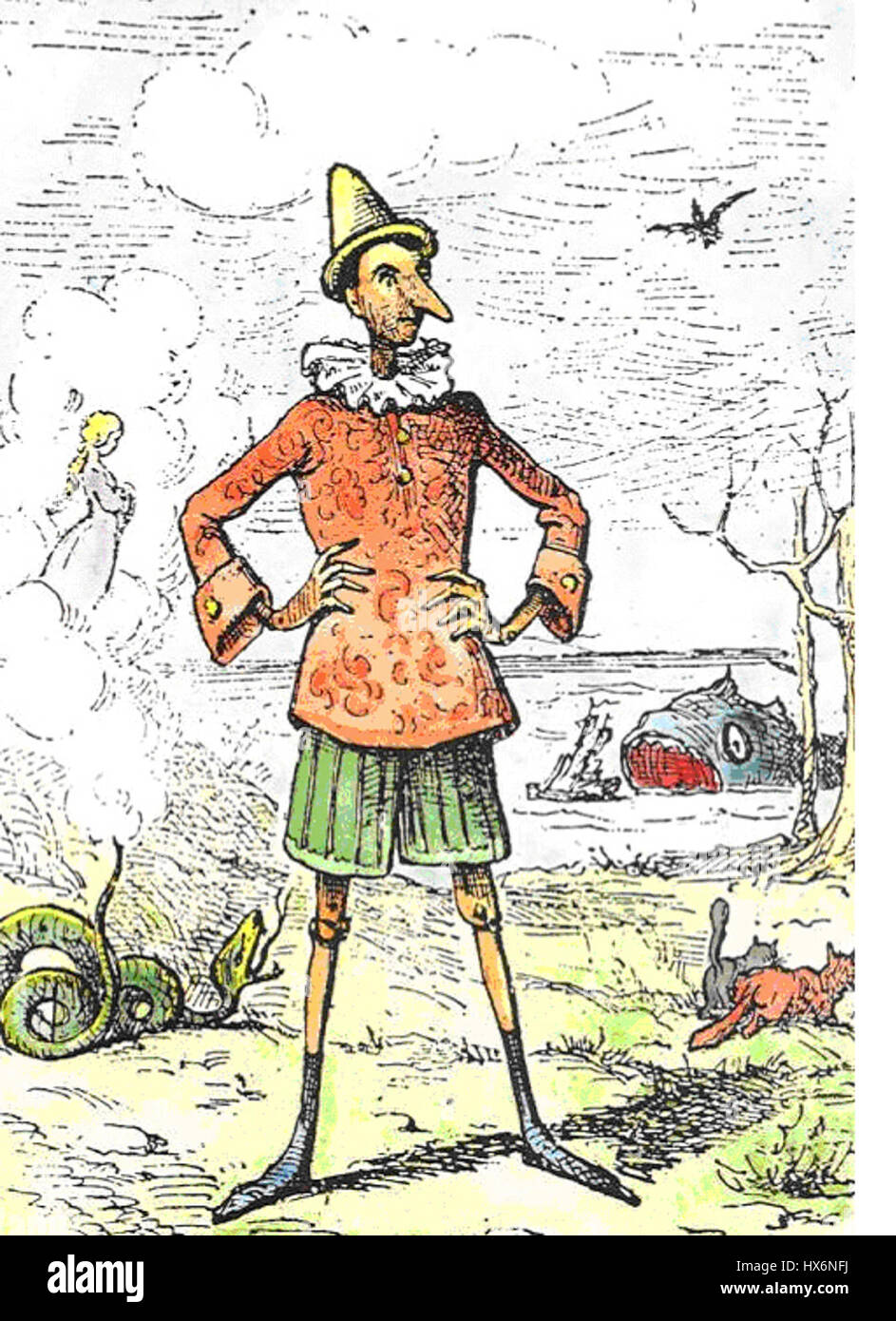 Pinocchio, il burattino di legno che diventa un vero ragazzo, è un personaggio centrale del famoso romanzo italiano per bambini. La sua storia è una storia morale sull'onestà, la crescita e le conseguenze dell'inganno. Foto Stock