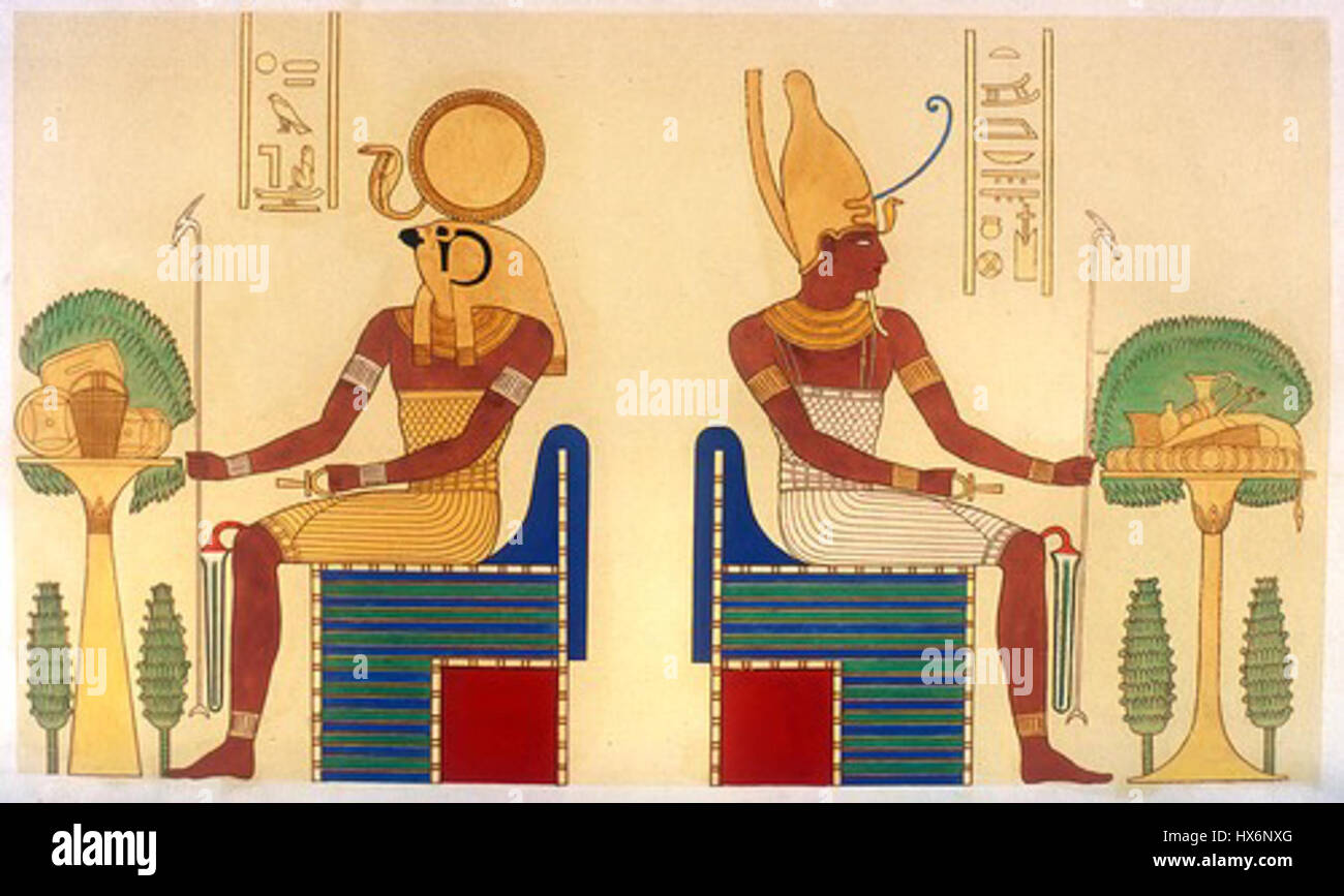 "Ra Horakhty e Atum" è una rappresentazione di due importanti divinità egizie, che rappresentano il dio del sole e il dio creatore, presenti nella tomba di Ramses vi (KV11) nella Valle dei Re. Questa opera d'arte mette in risalto l'iconografia religiosa dell'antico Egitto. Foto Stock