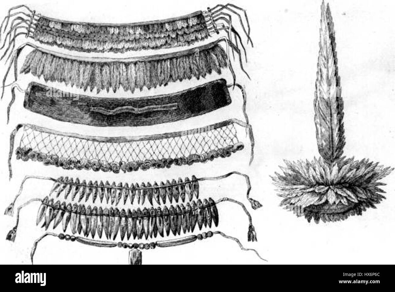 Gli indiani Timucua usavano varie forme di valuta, come wampum e altri beni commerciali, nelle loro interazioni con gli europei. I loro caratteristici copricapo, realizzati con piume e materiali naturali, spesso simboleggiavano il loro status all'interno della tribù. Questi manufatti sono importanti per comprendere le pratiche culturali e l'organizzazione sociale del popolo Timucua prima della colonizzazione europea. Foto Stock