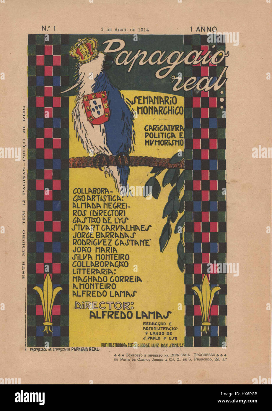 *Revista Papagaio Real* era un periodico brasiliano, con il numero del 7 aprile 1914 che rifletteva il clima culturale e politico del Brasile all'inizio del XX secolo. La rivista si occupava di questioni sociali, politiche e artistiche dell'epoca. Foto Stock
