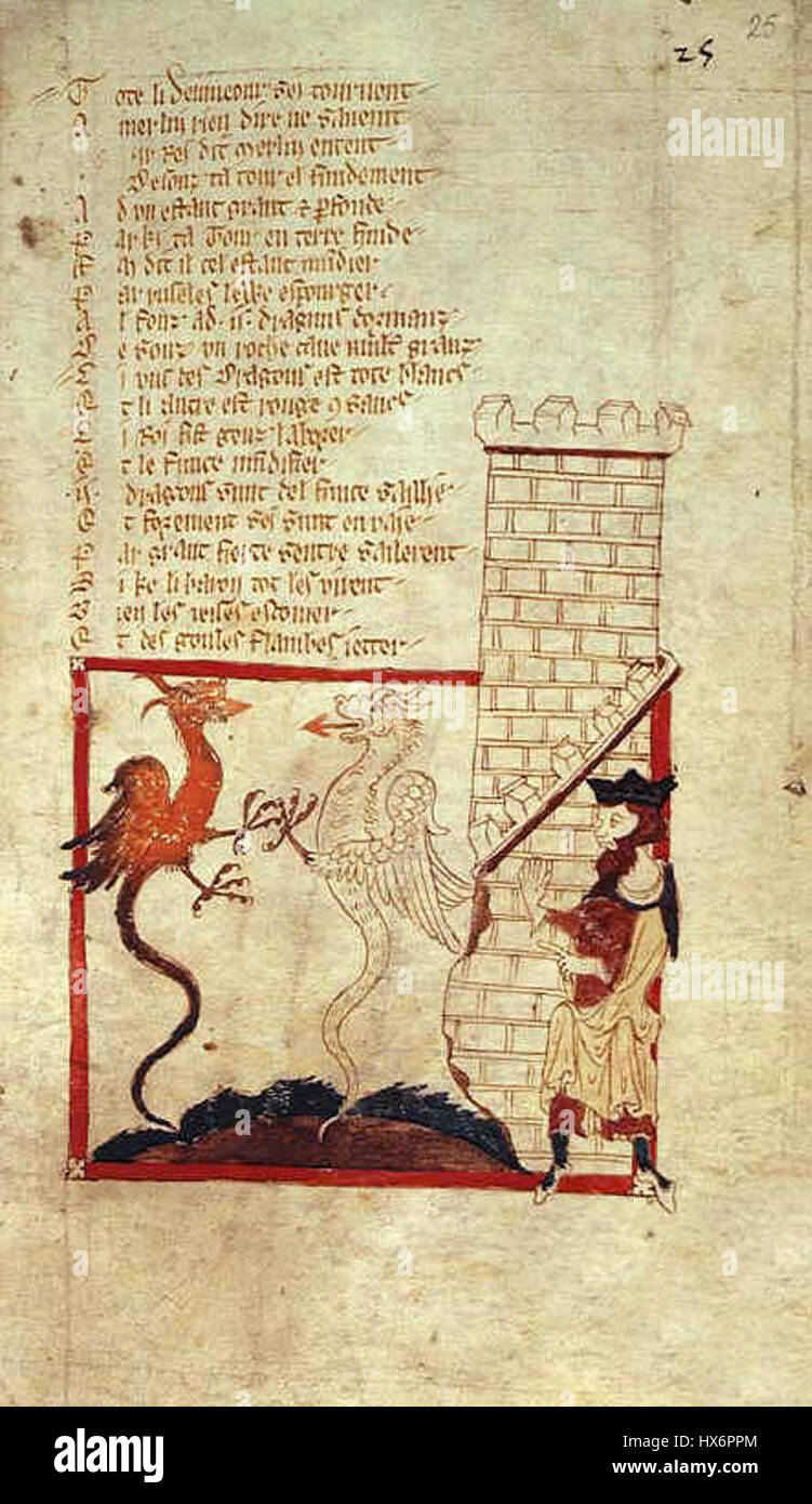 La Torre Roman de Brut Vortigern è una parte della letteratura medievale incentrata sulla leggendaria figura di Vortigern, esplorando la prima storia della Britannia e dei suoi leggendari governanti. L'opera descrive il regno di Vortigern, i conflitti e le relazioni con figure mitologiche. Foto Stock