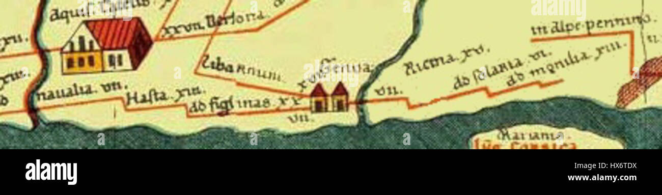 La "Tabula Peutingeriana" è un'antica mappa romana che raffigura strade e luoghi attraverso l'Impero Romano. La sezione ritagliata che mette in evidenza Genova mostra il suo ruolo all'interno della rete romana di città, illustrando il suo significato come centro costiero nelle infrastrutture dell'impero. Foto Stock