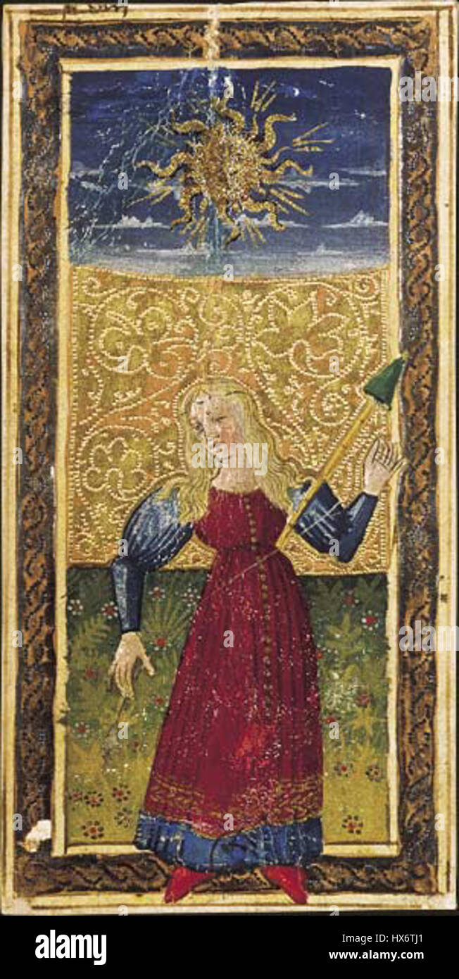 I "Tarocchi del Sole" del ponte Carlo vi raffigurano la carta del Sole, un simbolo di chiarezza, successo e illuminazione nelle letture dei tarocchi. Questa carta riflette l'ottimismo e il raggiungimento degli obiettivi. Foto Stock