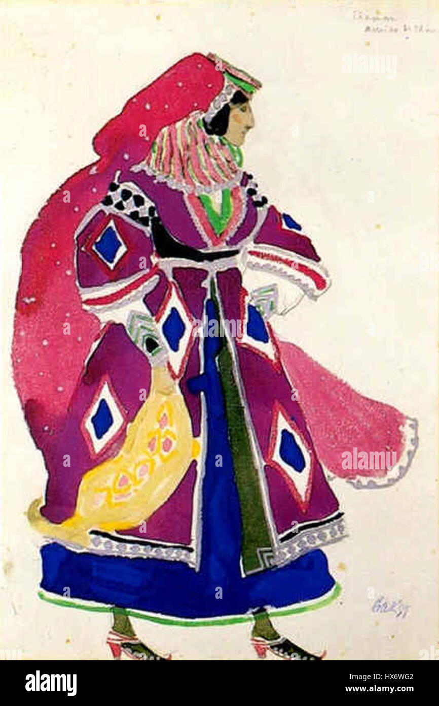 Thamar di L. Bakst (1906) è un costume teatrale per un balletto, che mostra i disegni intricati e vividi di Bakst. Il costume riflette lo stile drammatico e opulento del balletto dell'inizio del XX secolo, enfatizzando le ricche texture e i colori vivaci. Foto Stock