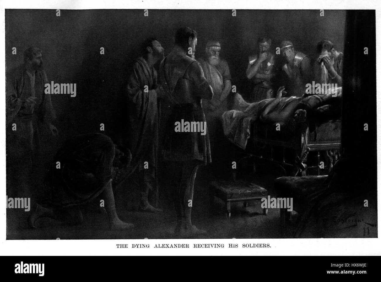 Il dipinto di Andre Castaigne "il morente Alessandro che riceve i suoi soldati" cattura il drammatico momento della morte di Alessandro Magno, dove i suoi soldati rendono omaggio al loro leader morente. L'opera mostra la maestria di Castaigne nella narrazione storica. Foto Stock