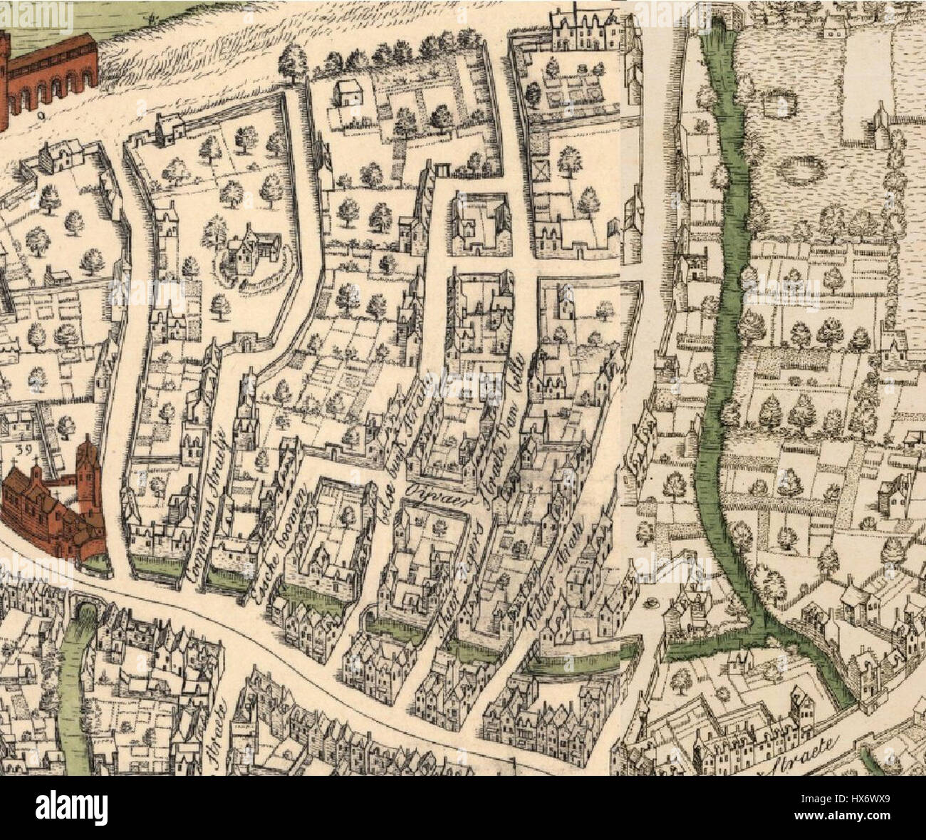 La "Vuldersreitje Brugge op kaart" di Marcus Gerardus è una vecchia mappa di Bruges, Belgio. Questa dettagliata rappresentazione cartografica del XVII secolo illustra le strade, i canali e gli edifici importanti della città, offrendo una visione storica dello sviluppo urbano di Bruges. Foto Stock