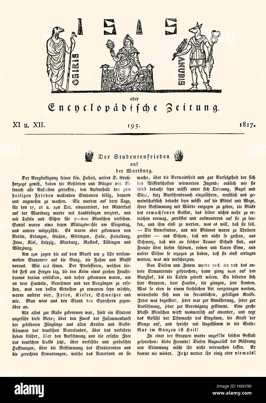 Numero 195 della rivista tedesca Isis con un elenco di cose bruciate, Festival di Wartburg, 18 ottobre 1817, sul castello di Wartburg Eisenach, Turingia, germe Foto Stock